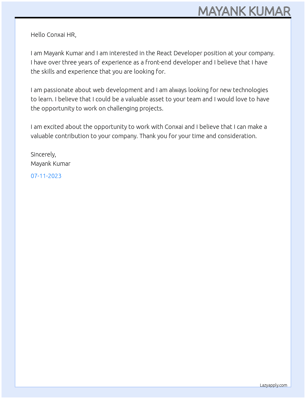 React Developer At Conxai Cover Letter