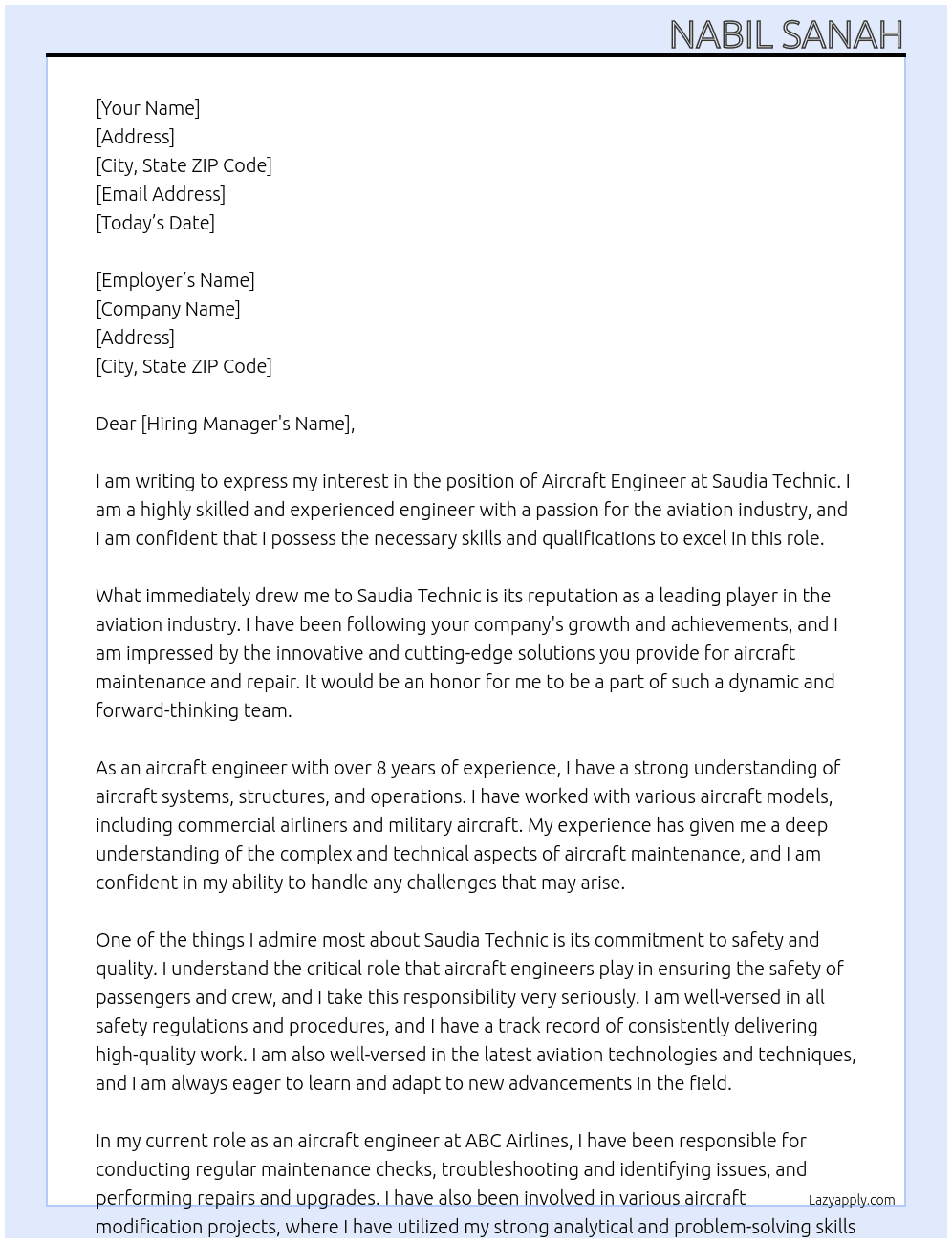 Aircraft engineer At Saudia Technic Cover Letter