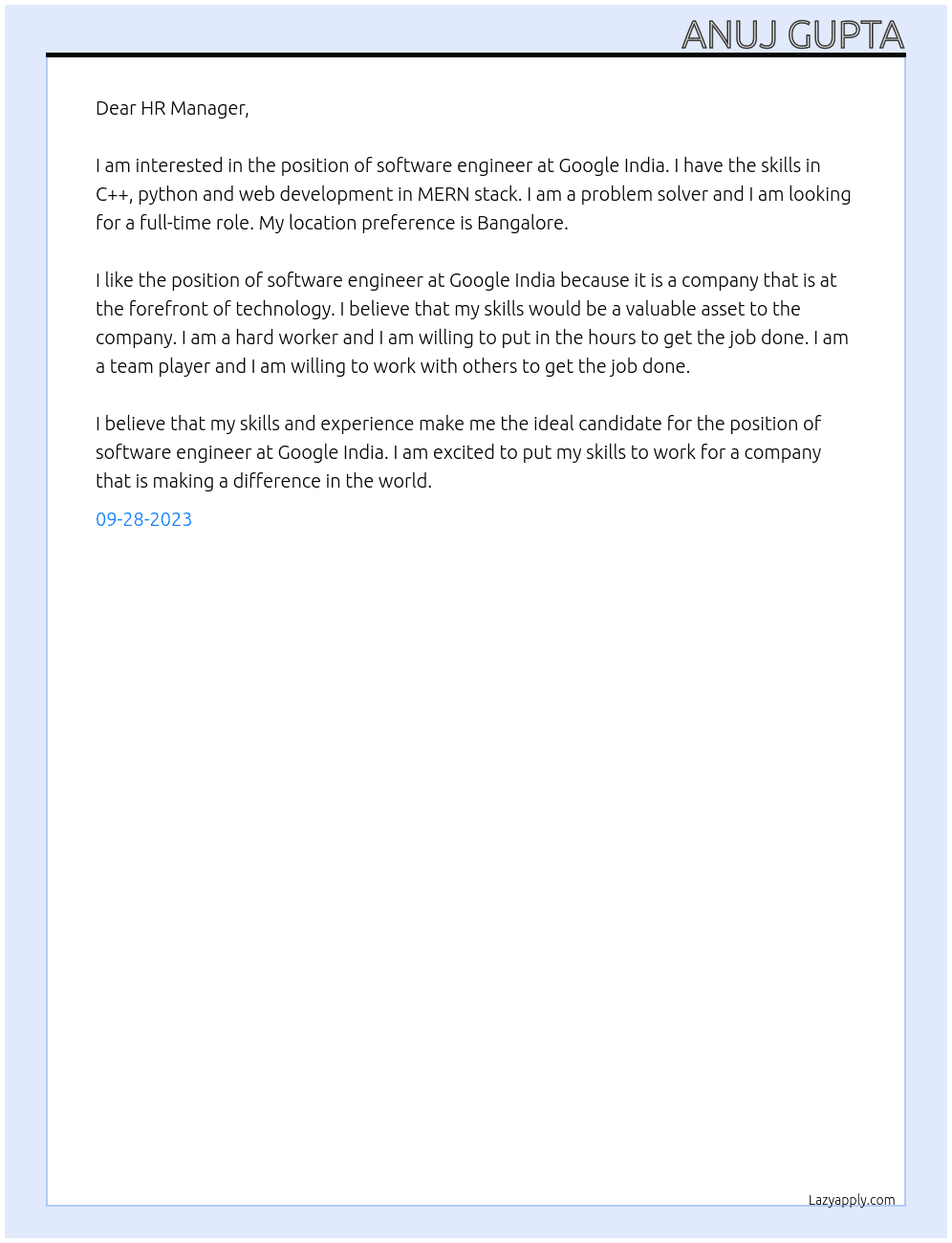 Software engineer At Google India Cover Letter