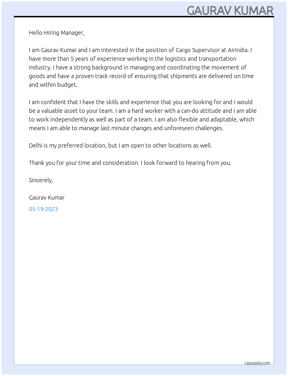 Cargo Supervisor At Airindia Cover Letter