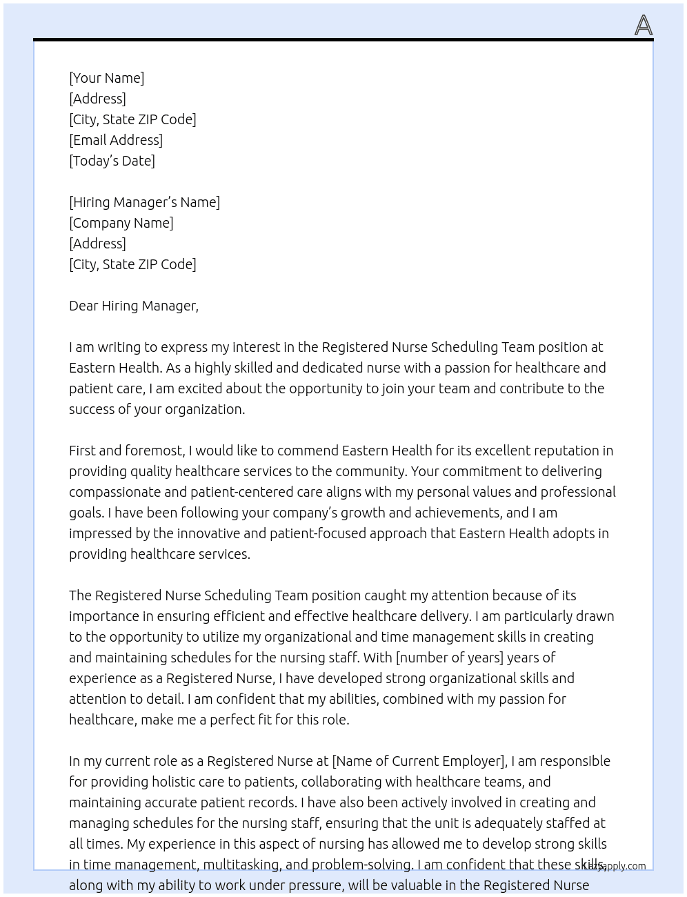 Registered Nurse Scheduling Team At Eastern Health Cover Letter