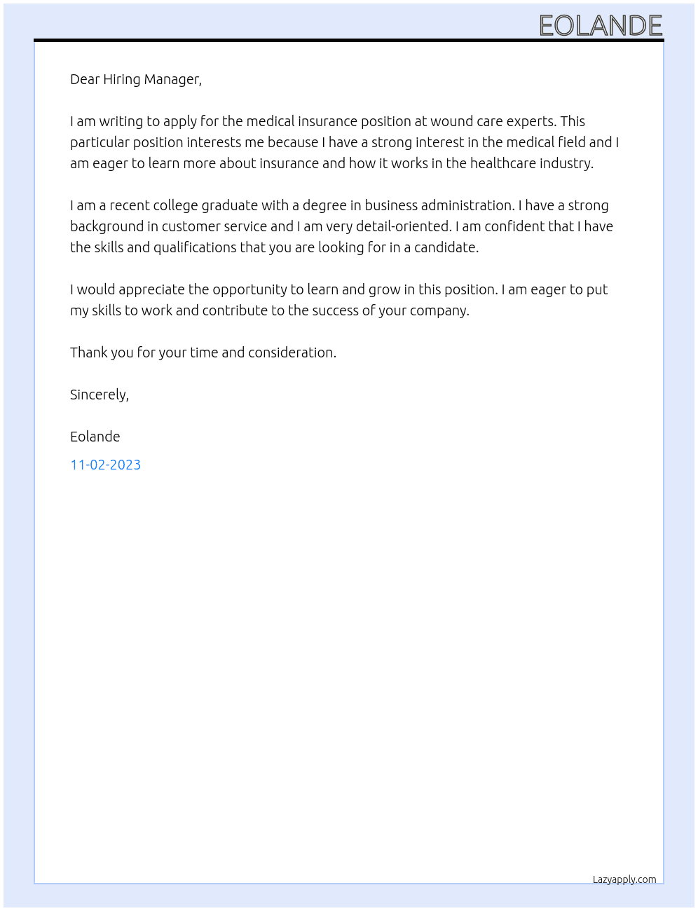 medical insurance At wound care experts  Cover Letter