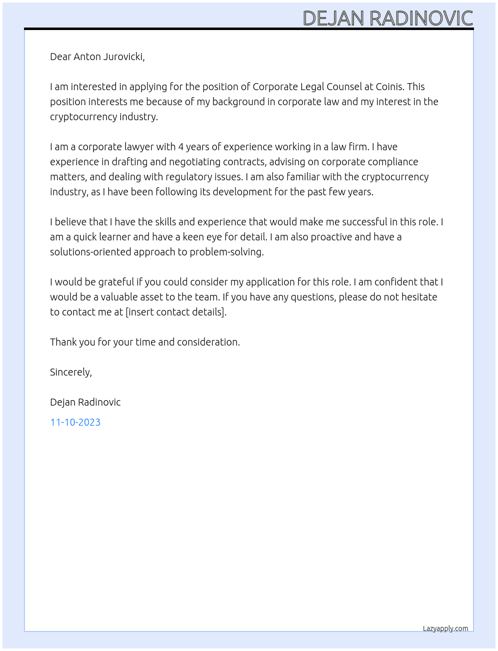Corporate Legal Counsel At Coinis Cover Letter
