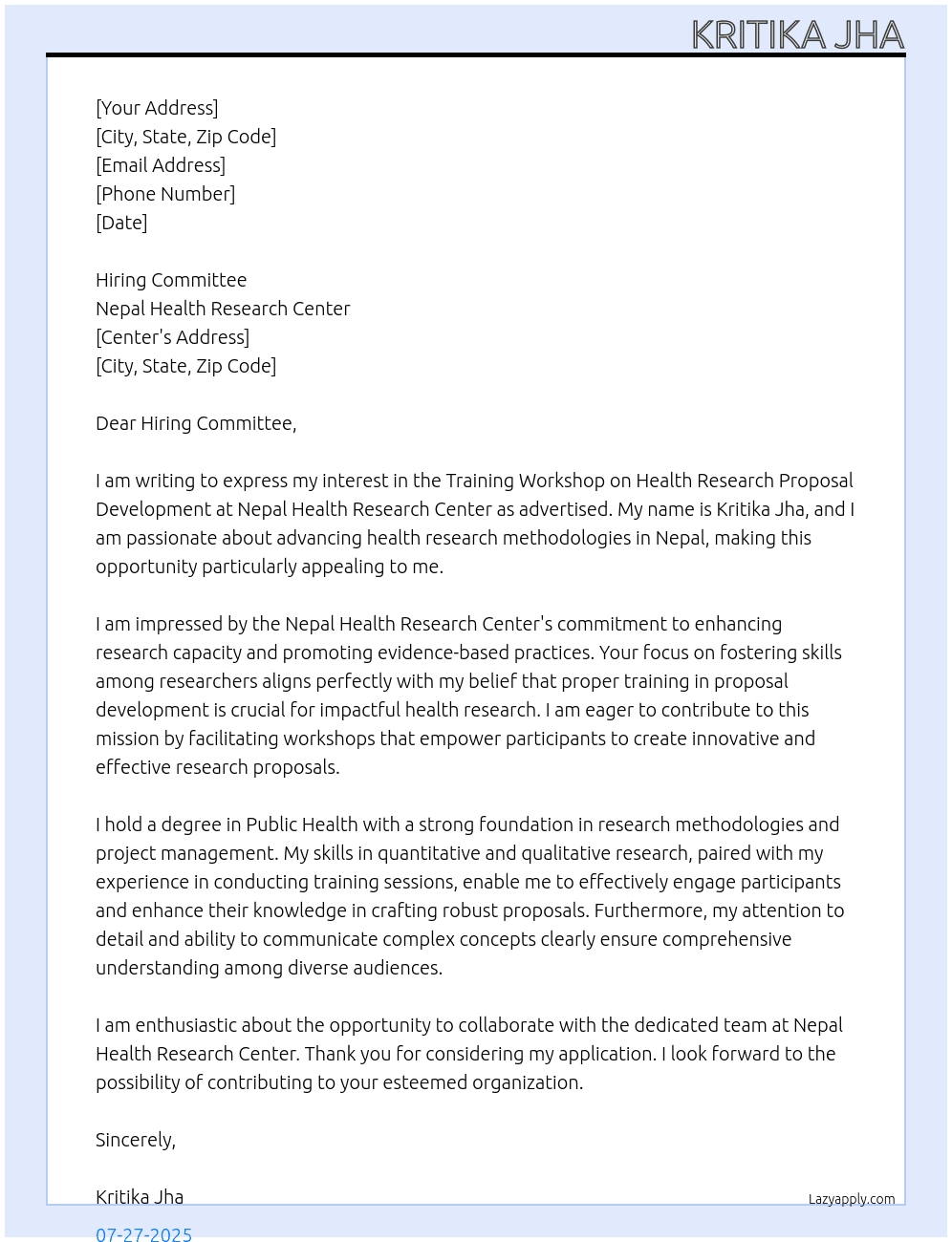 Training workshop on health research proposal development At nepal health research center Cover Letter