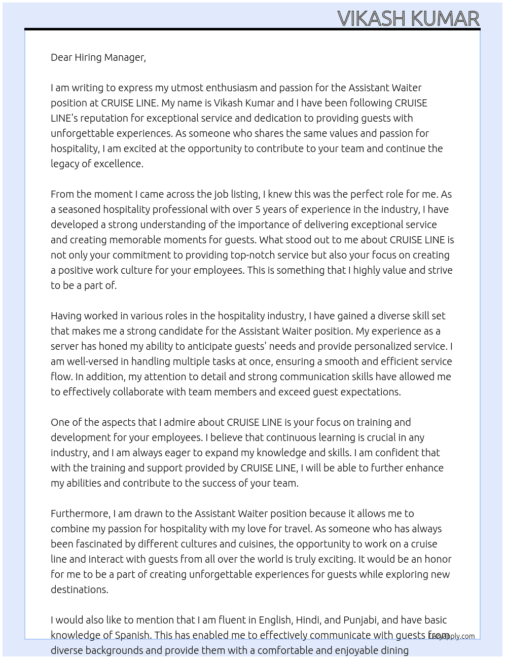 Assitent weter At CRUISE LINE  Cover Letter