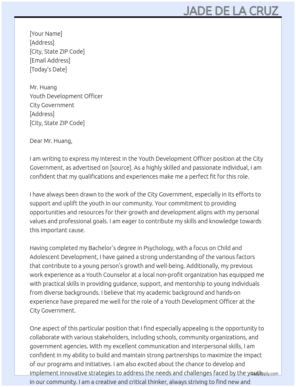 Youth Development officer  At City Government  Cover Letter
