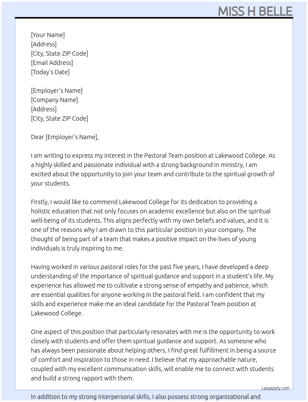 Pastoral Team At Lakewood College  Cover Letter