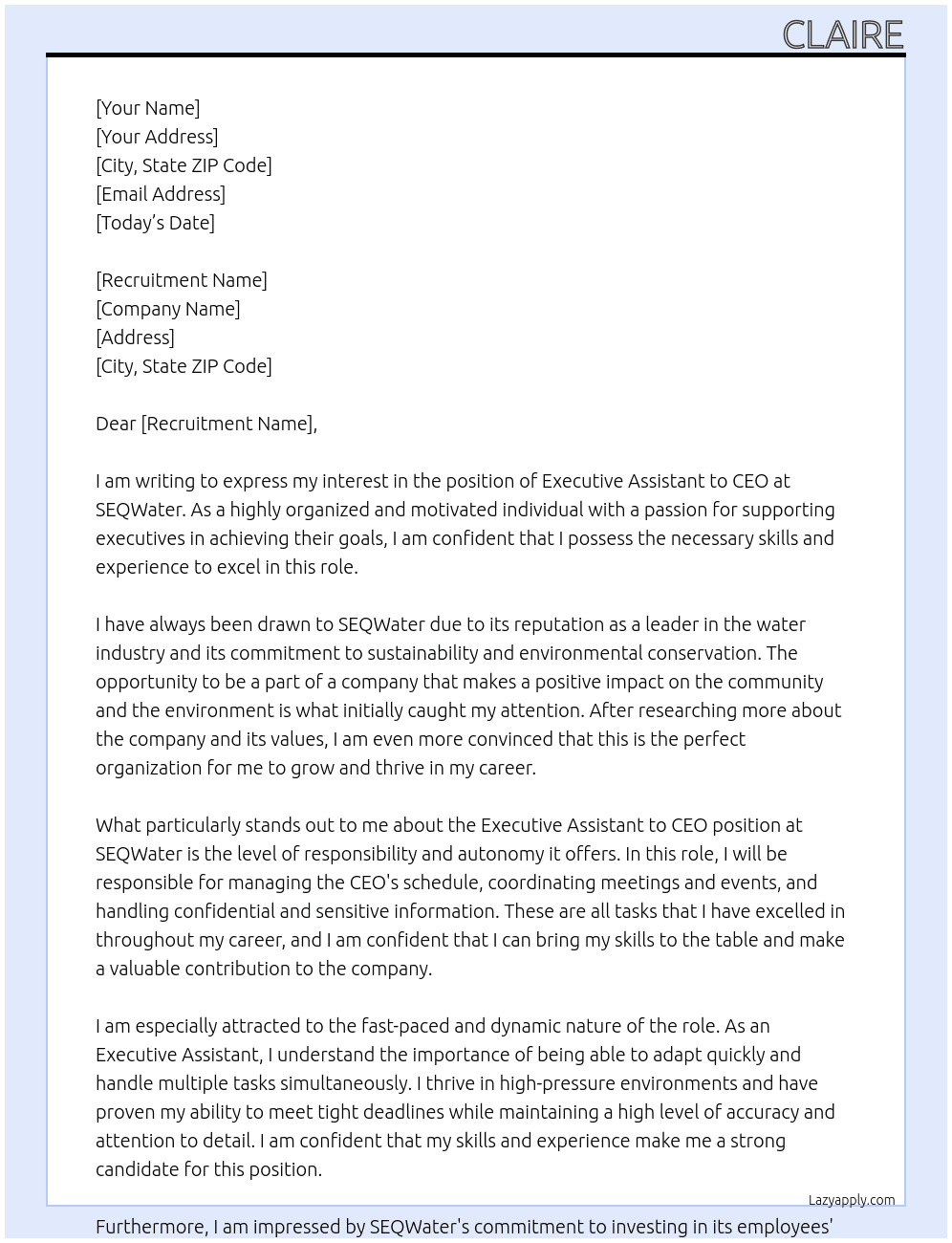 Executive Assistant to CEO At SEQWater Cover Letter