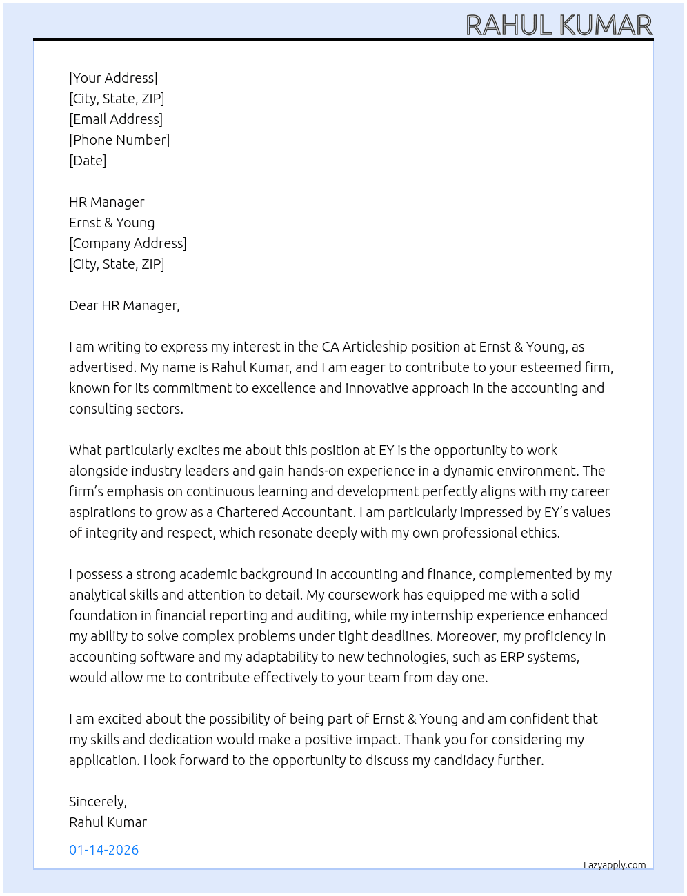 CA Articleship  At Ernst & young  Cover Letter