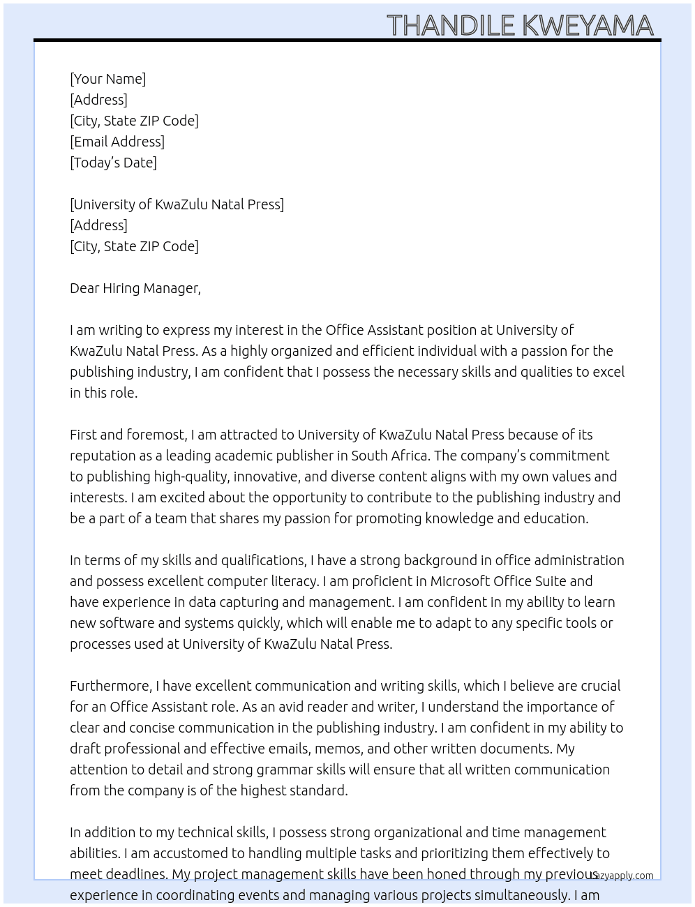 Office assistant  At University of KwaZulu Natal  Cover Letter