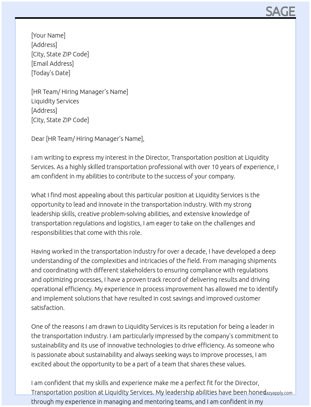 Director, Transportation At Liquidity Services Cover Letter