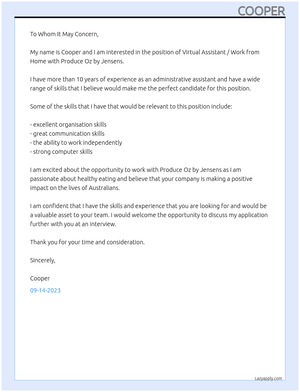 Virtual Assistant / Work from Home At Produce Oz by Jensens Cover Letter