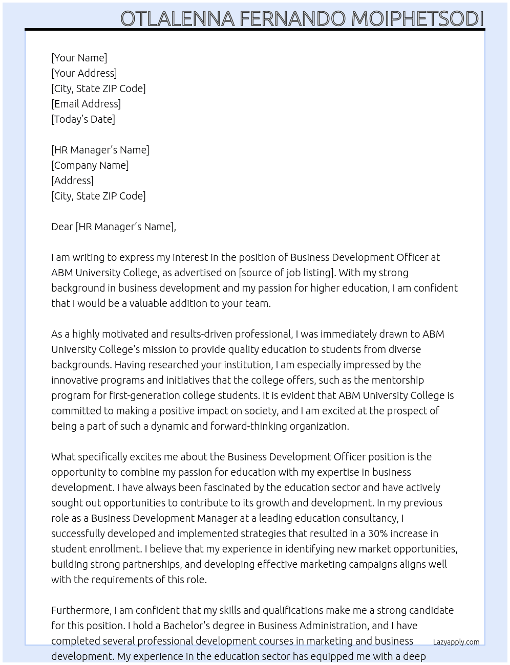 Business Development Officer At ABM University College Cover Letter