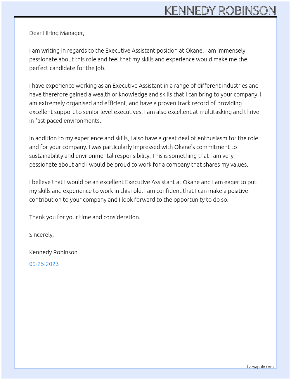 Executive Assistant  At Okane Cover Letter