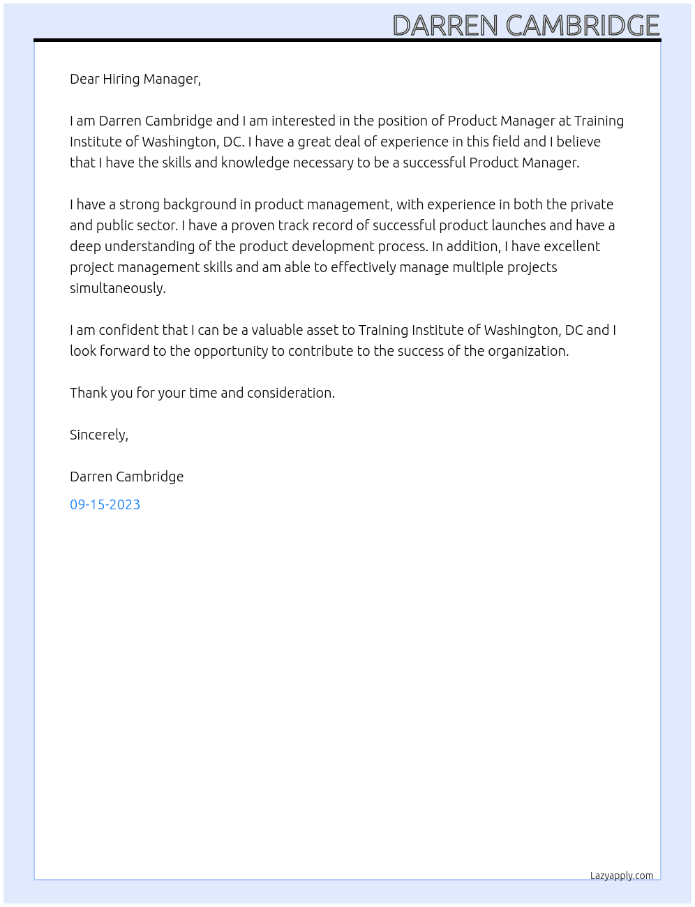 Product Manager At Training Institute of Washington, DC Cover Letter