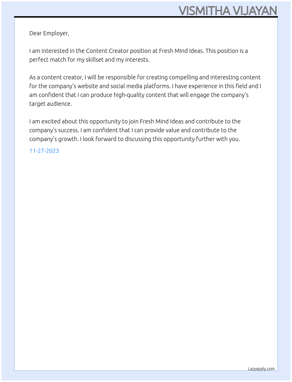 Content Creator At Fresh Mind Ideas Cover Letter