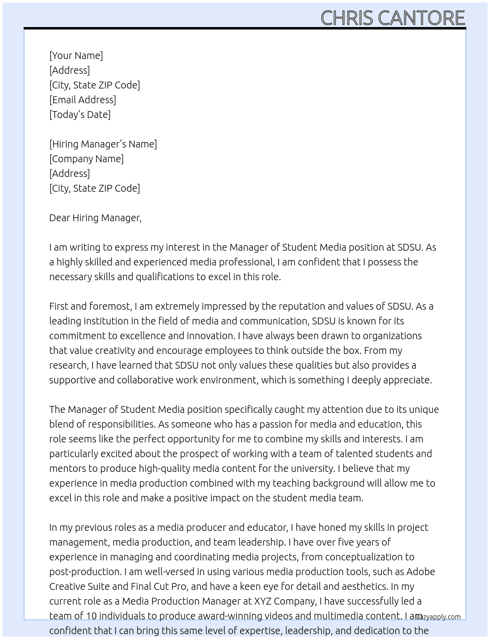 Manager of Student Media At SDSU Cover Letter
