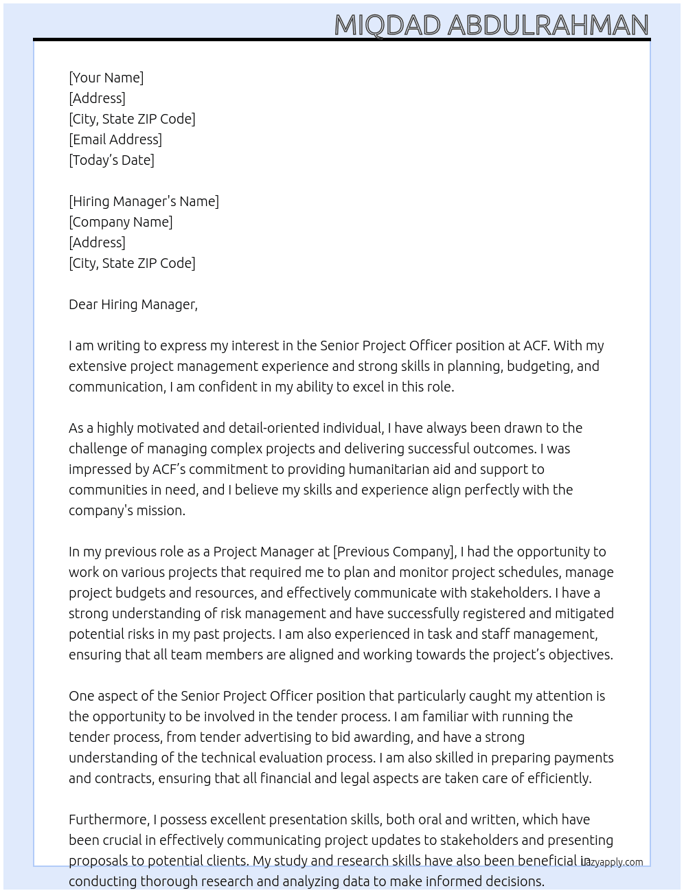 Senior Project officer At ACF Cover Letter