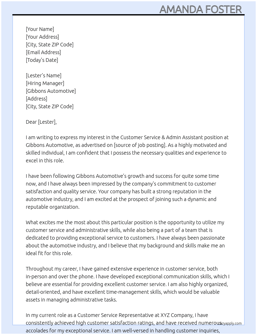 Customer Service & Admin Assistant  At Gibbons Automotive  Cover Letter