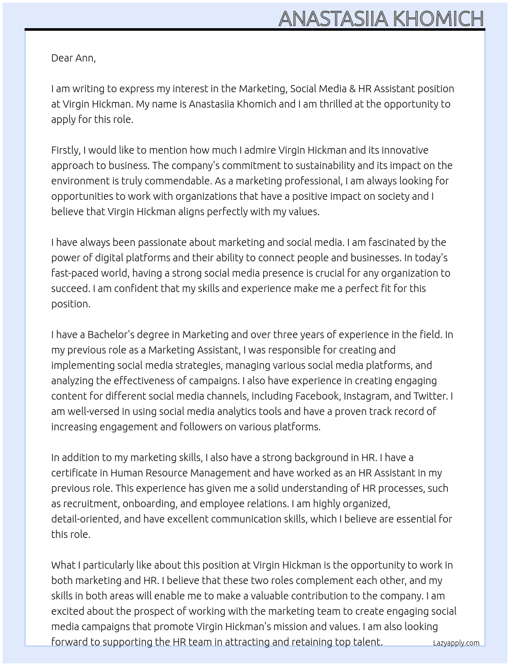 Marketing, Social Media & HR Assistant At Virgin Hickman Cover Letter