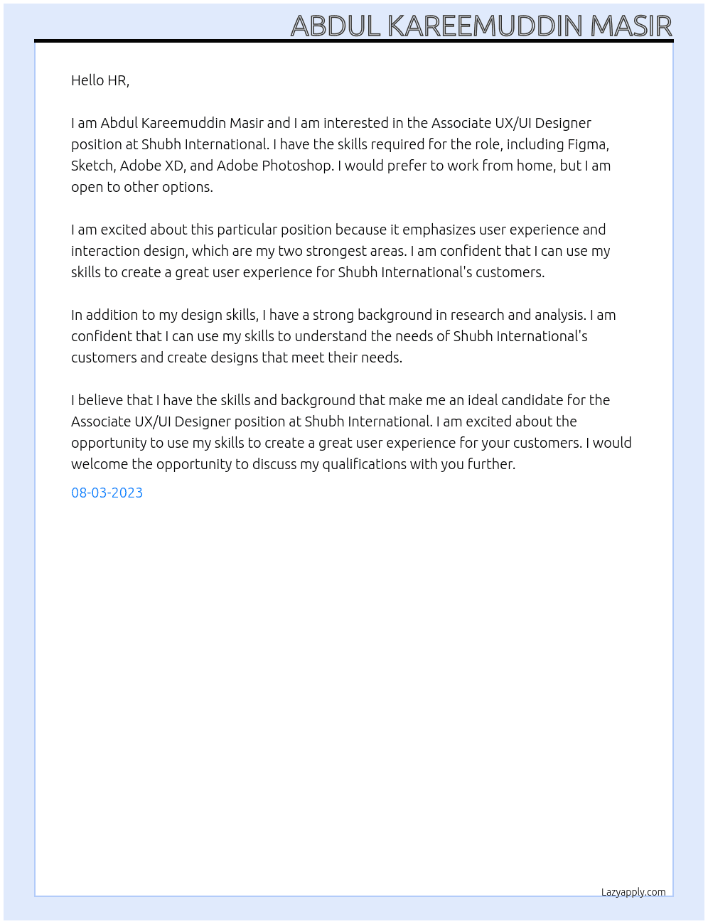 Associate UX/UI Designer At Shubh International Cover Letter