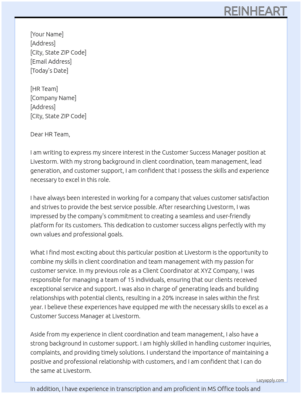 Customer Success Manager At Livestorm Cover Letter