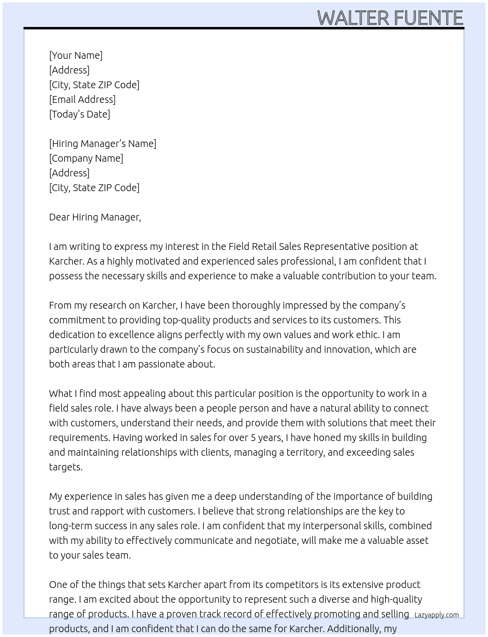 Field Retail Sales Represntive  At Karcher  Cover Letter