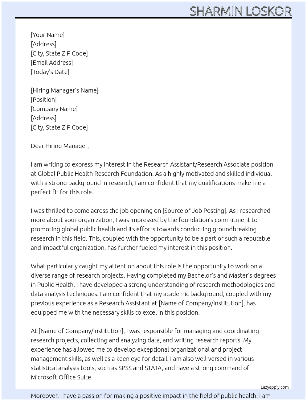 Research Assistant / Research Associate At Global Public Health Research Foundation Cover Letter