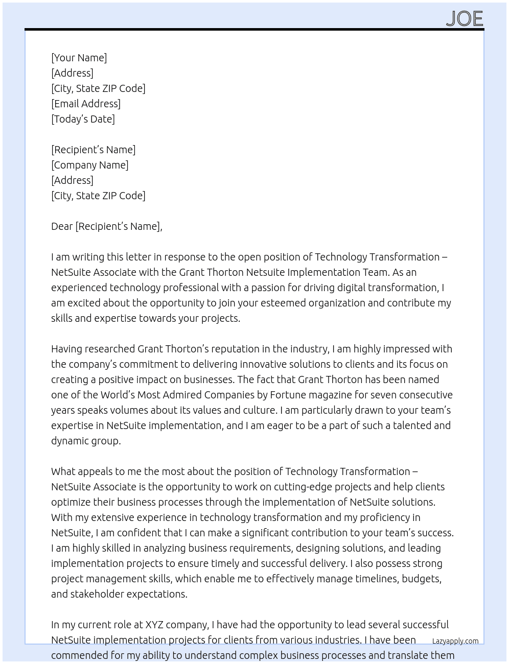 Technology Transformation - NetSuite Associate At Grant Thorton Cover Letter