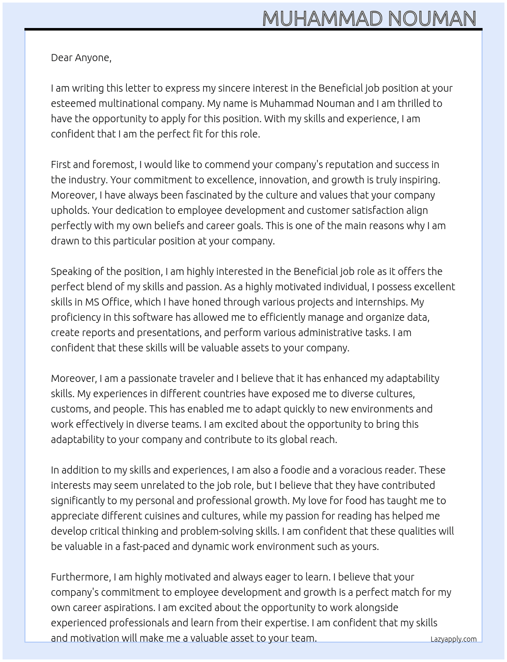 Beneficial job At Multinational company Cover Letter