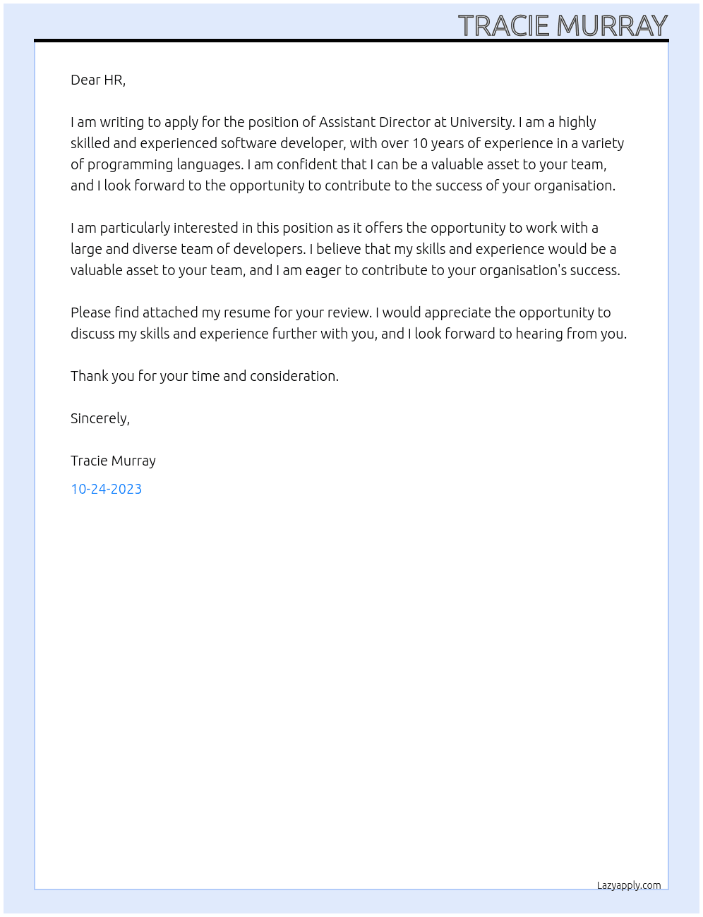 Assistant Director At University Cover Letter