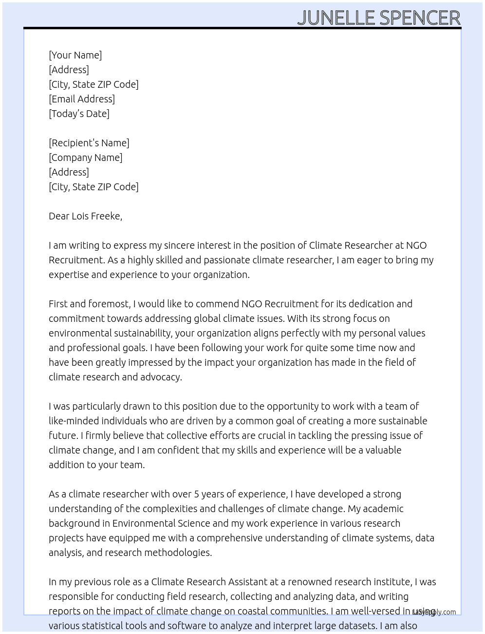 climate researcher At NGO Recruitment Cover Letter