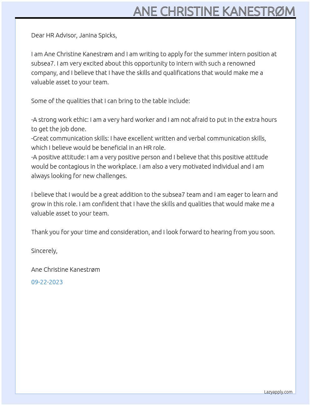 summer intern At subsea7 Cover Letter