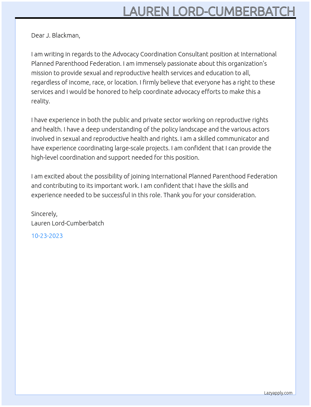 Advocacy Coordination Consultant At International Planned Parenthood Federation  Cover Letter