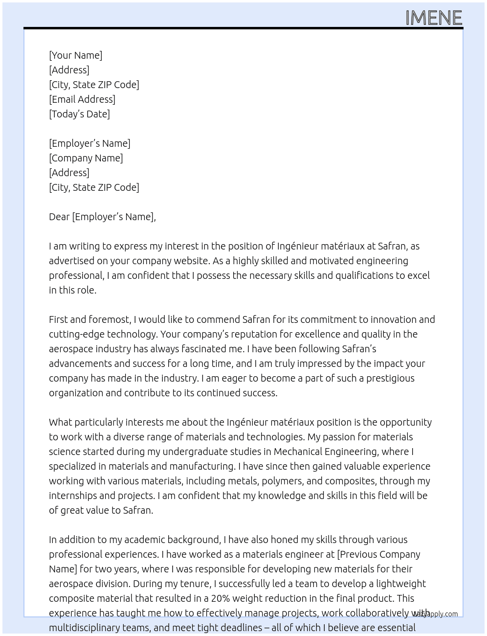 Ingénieur matériaux  At Safran Cover Letter