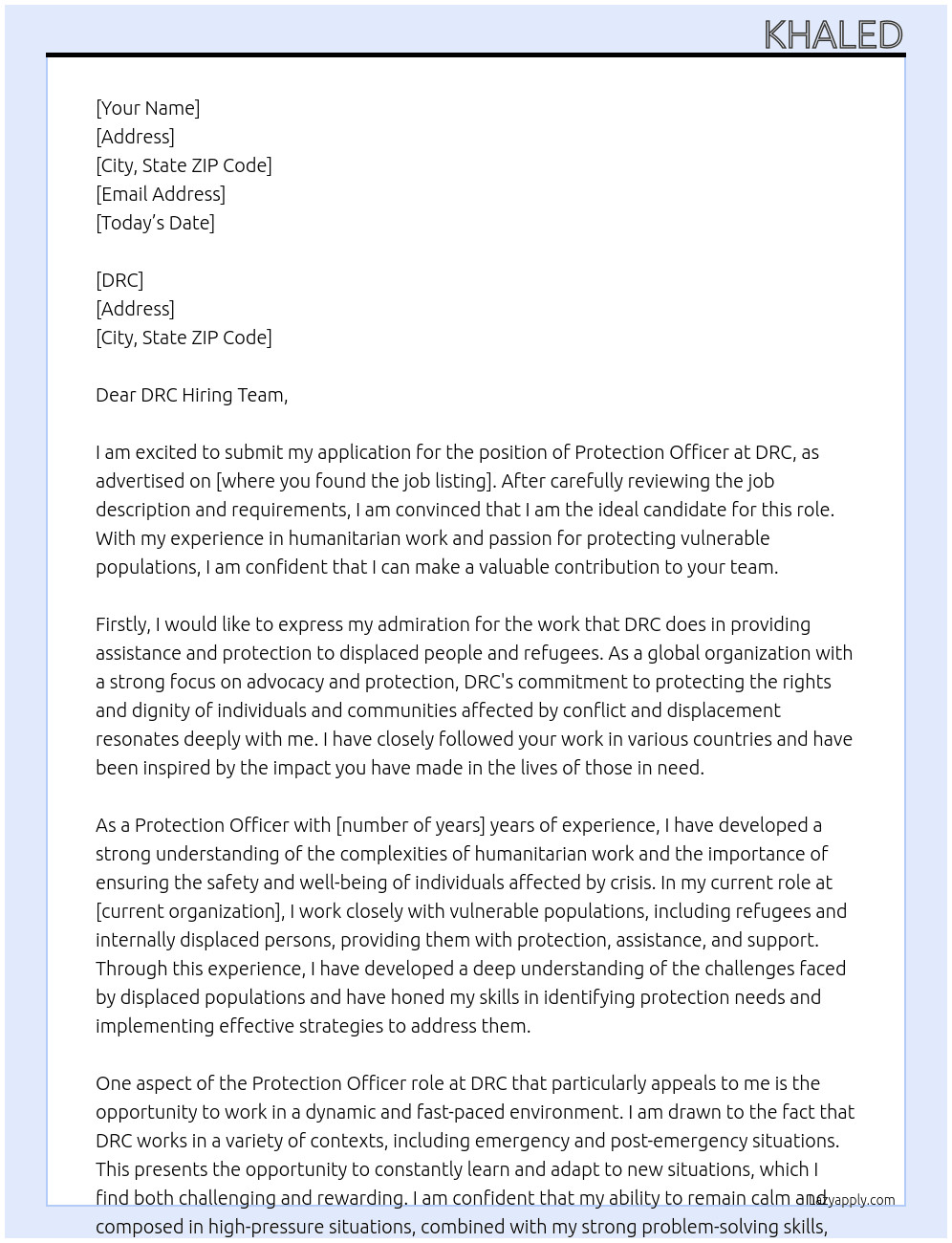 Protection Officer At DRC Cover Letter