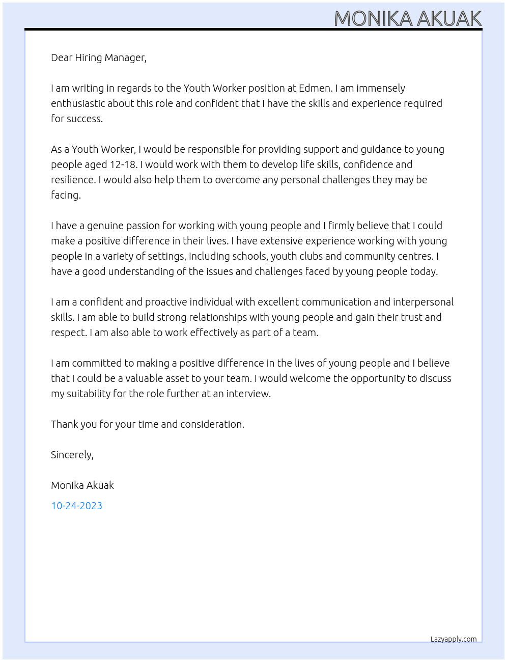 Youth Worker At Edmen Cover Letter