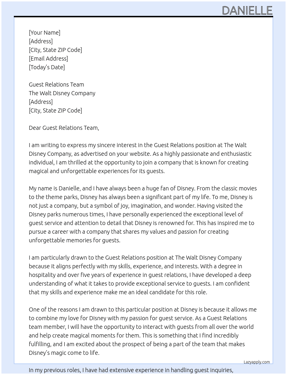 guest relations At the walt disney company Cover Letter