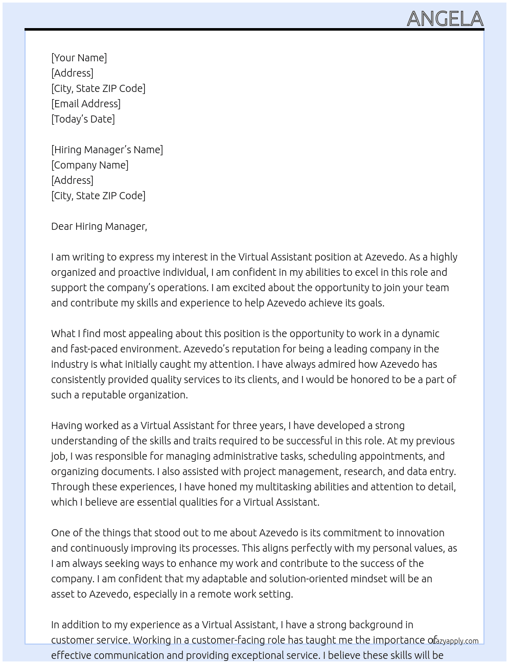 Virtual Assistant  At Azevedo Cover Letter
