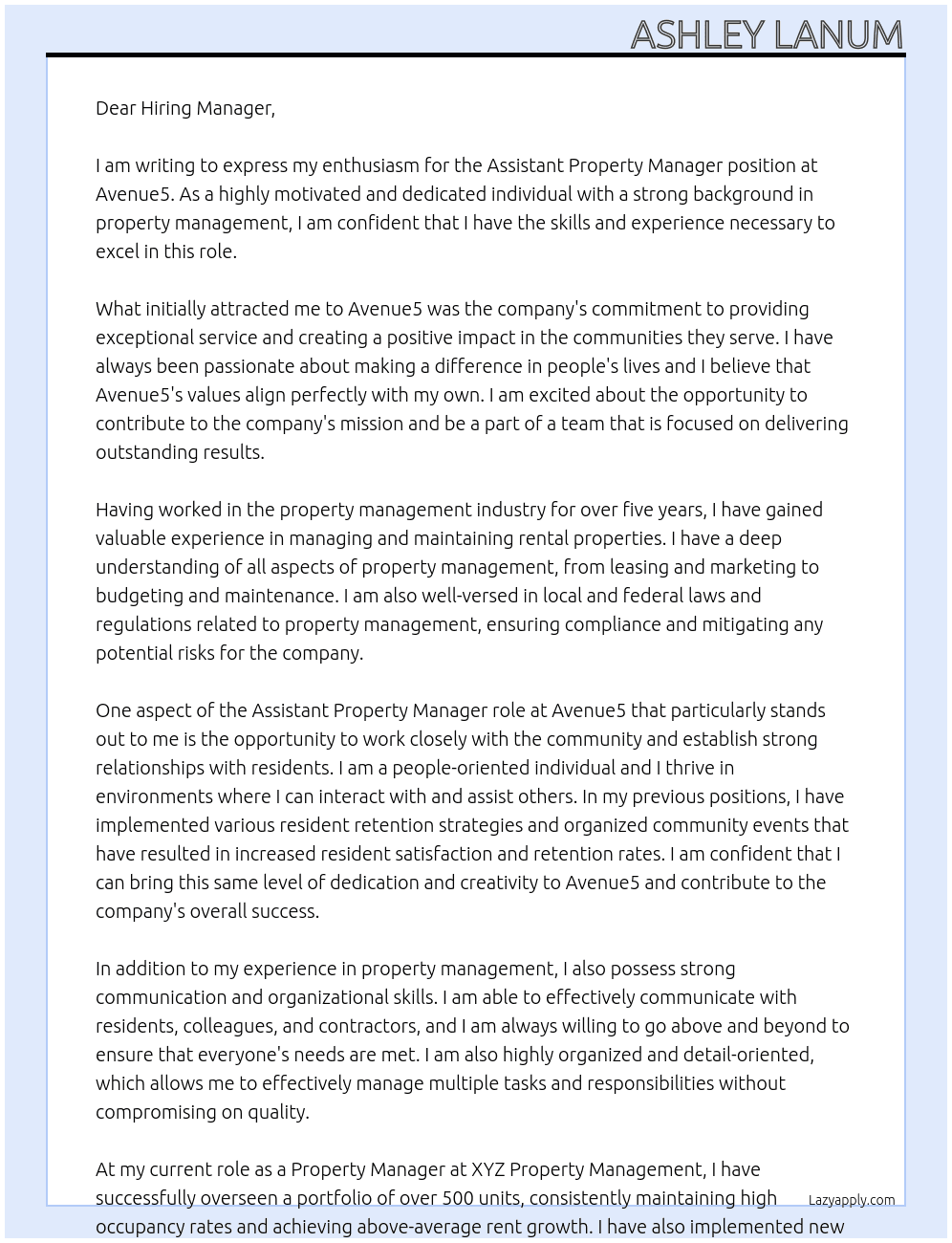 Assistant Property Manager At Avenue5 Cover Letter