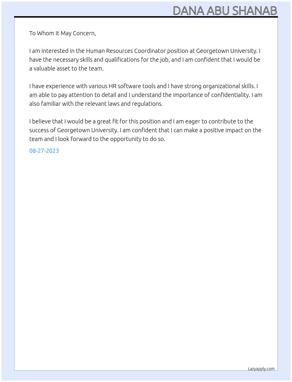 Human Resources Coordinator At Georgetown University  Cover Letter
