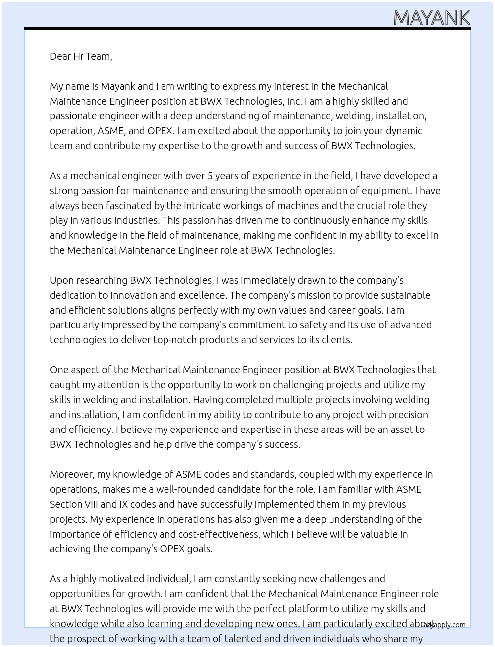 Mechanical Maintenance Engineer At BWX Technologies, Inc. Cover Letter