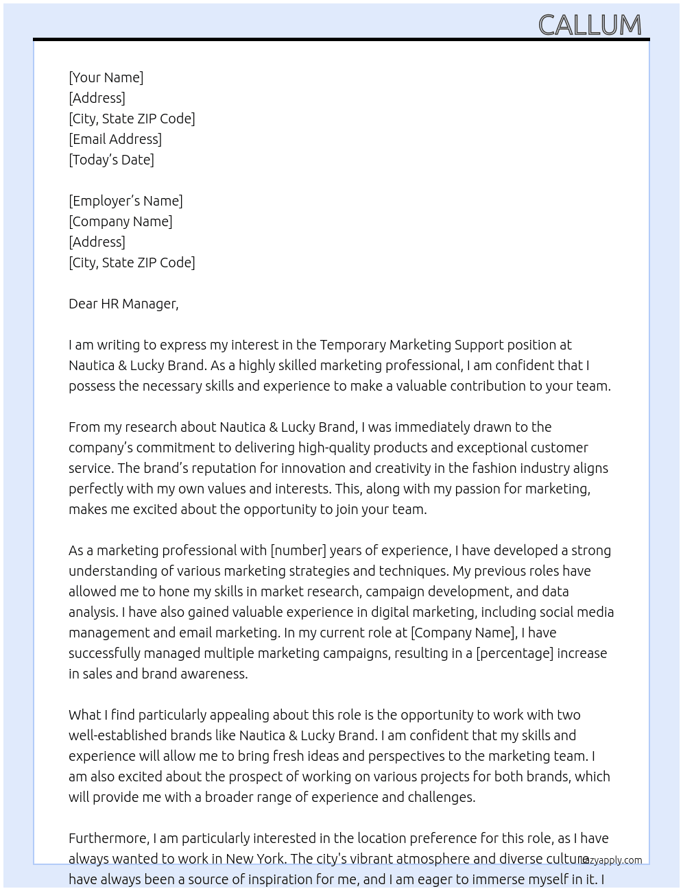 Temporary Marketing Support At Nautica & Lucky Brand Cover Letter