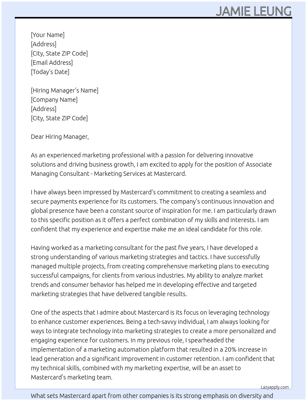 Associate Managing Consultant - Marketing Services At Matercard Cover Letter