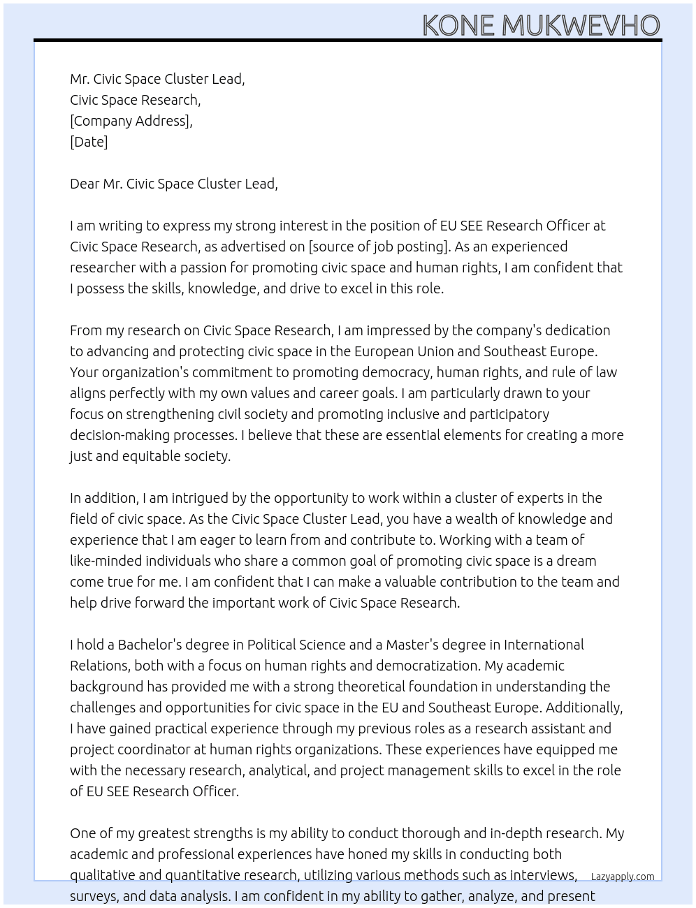 EU SEE Research Officer At Civic Space Research Cover Letter