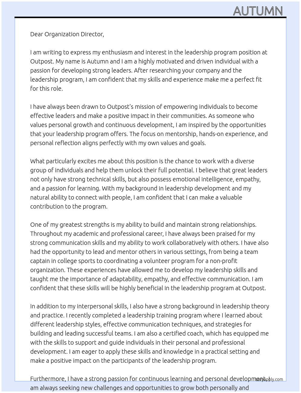 leadership program At Outpost  Cover Letter
