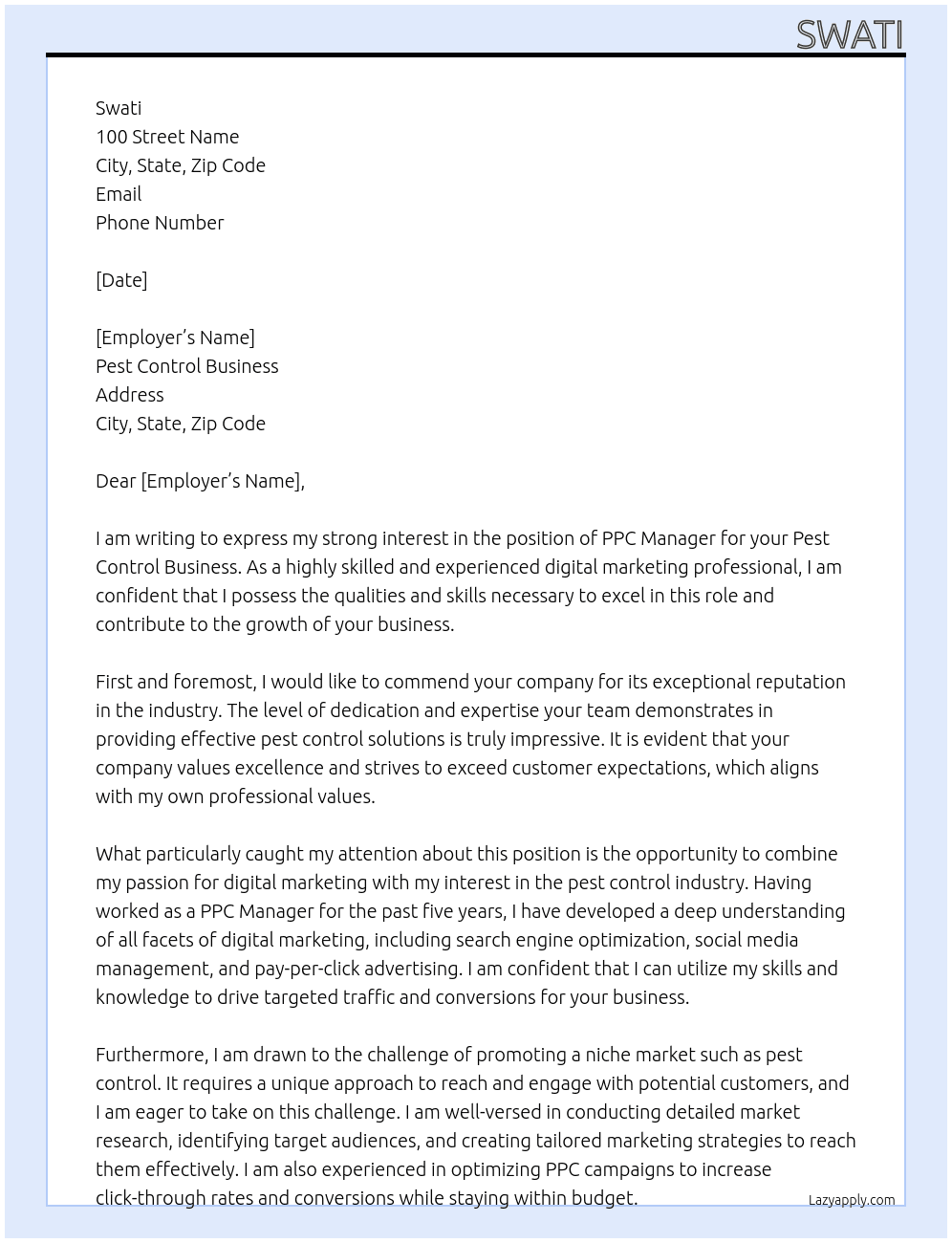 copy paste At PPC Manager for Pest Control Business Cover Letter