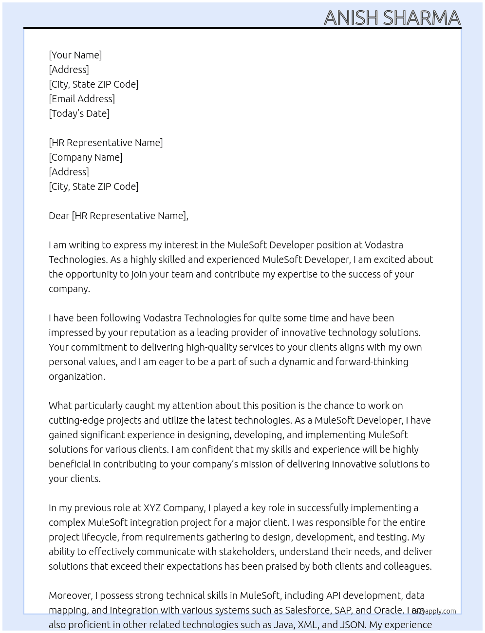 MuleSoft Developer At Vodastra Technologies Cover Letter