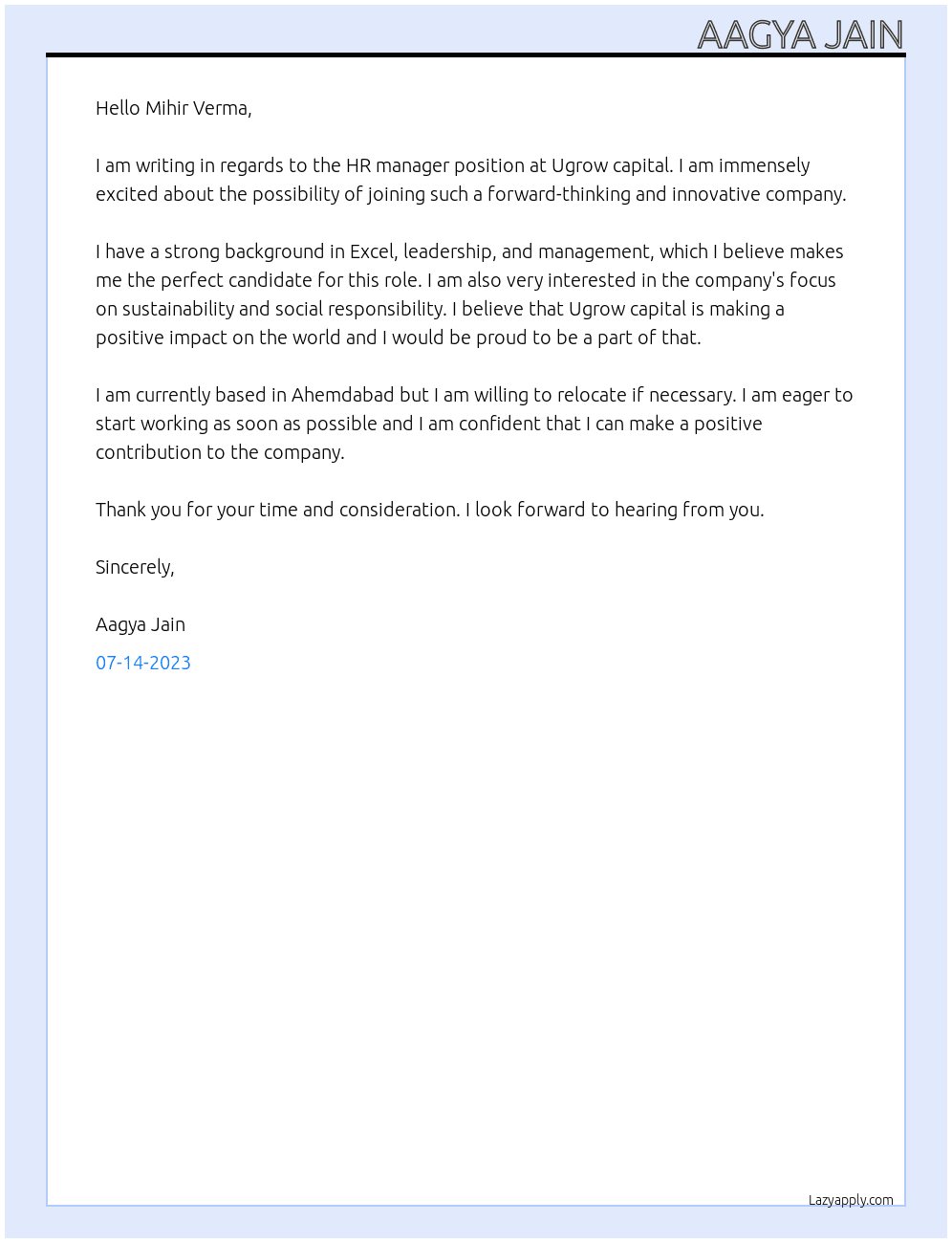 Hr manager At Ugrow capital  Cover Letter