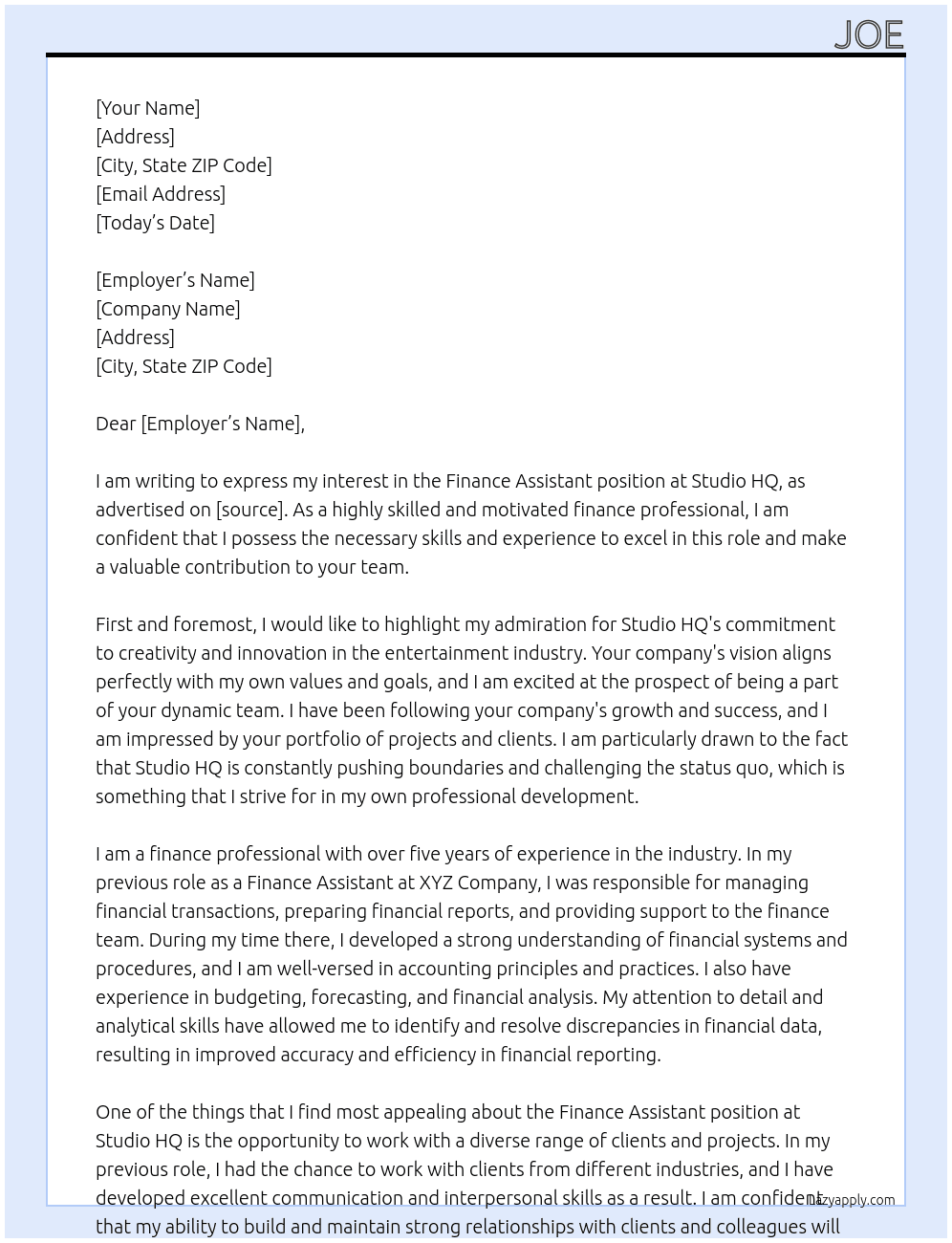 Finance Assistant At Studio HQ Cover Letter